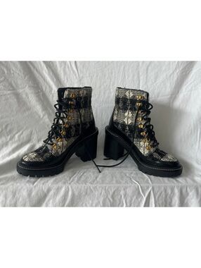 Tory Burch Black and White Tweed Lace-Up Chunky Heel Ankle Boots Size 7